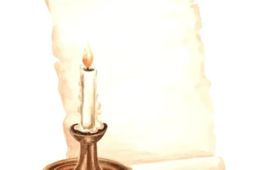 Arkusz pergaminu z ręcznie pisanych cytatami, płonąca świeca i stary szablon świecznika