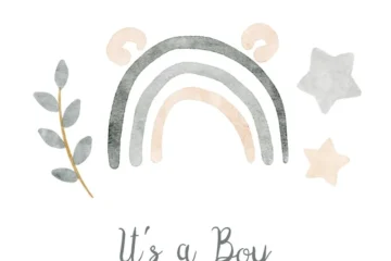 Słodkie niemowlę chłopiec na pastelowej tęczy z gwiazdami i gałązką liści na kartce urodzinowej