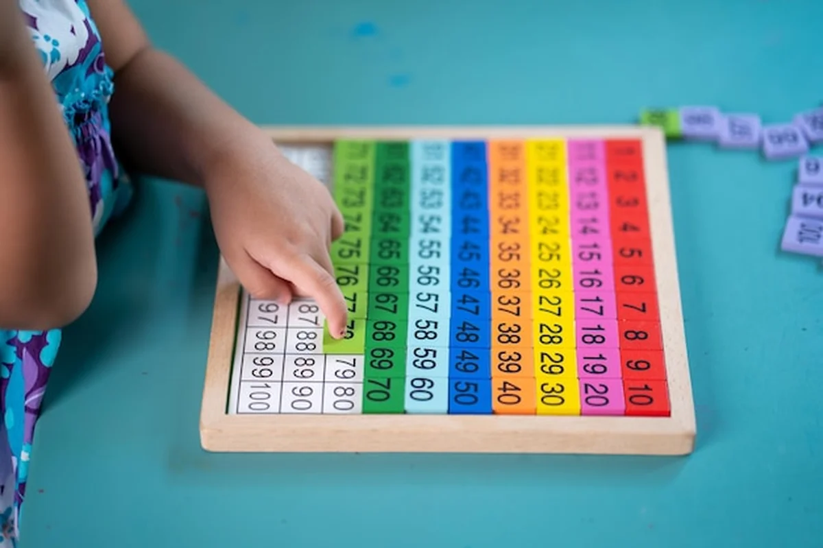Dłoń dziecka wskazuje na kolorową tablicę z liczbami 10 i 5