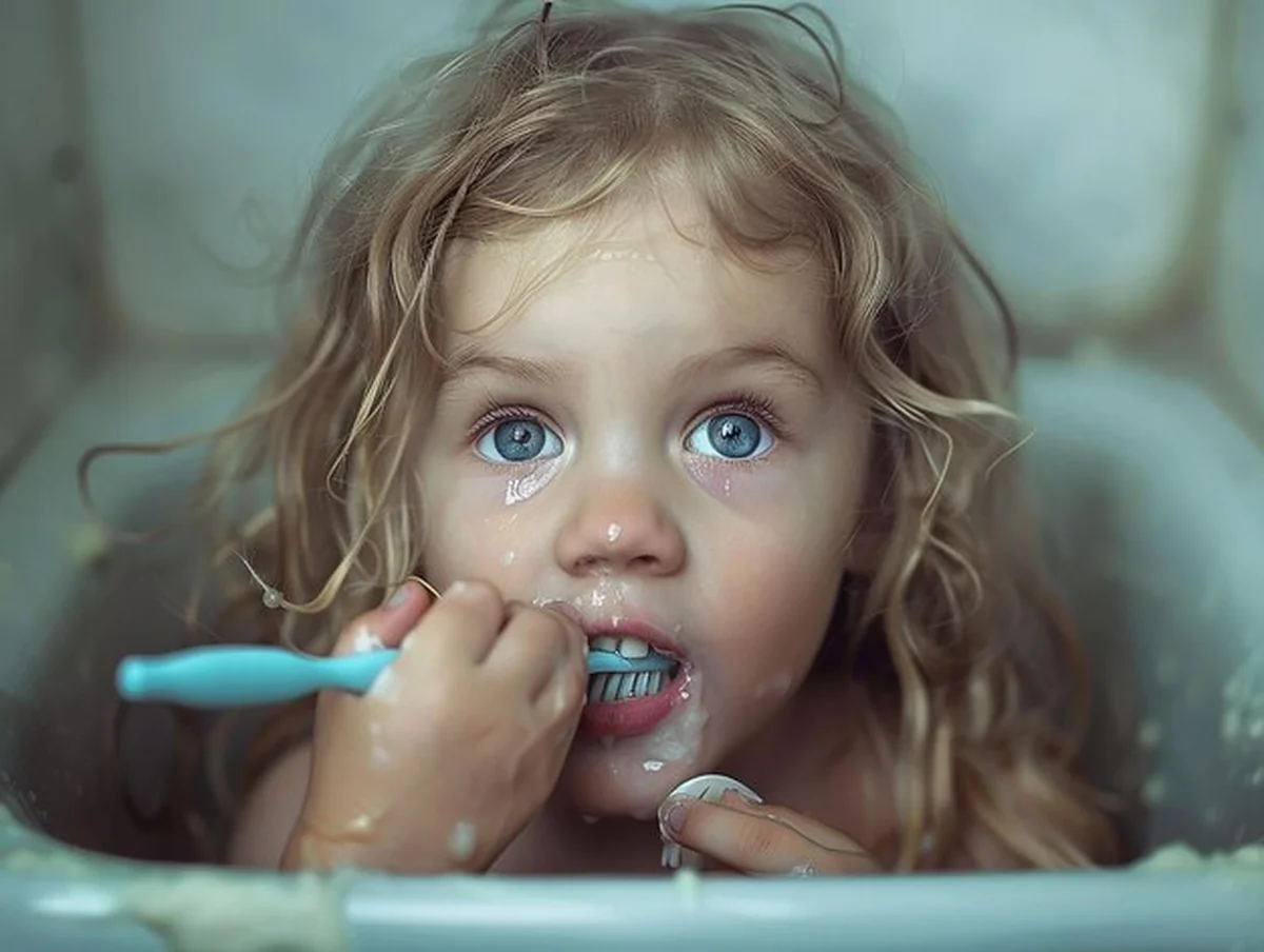 Mała dziewczynka z blond włosami myje zęby