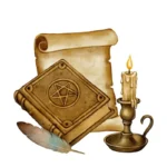 Księga zaklęć z piórem i świeczką wodnymi farbami