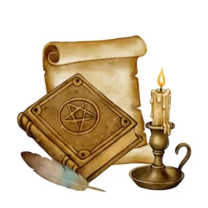 Księga zaklęć z piórem i świeczką wodnymi farbami