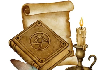 Księga zaklęć z piórem i świeczką wodnymi farbami