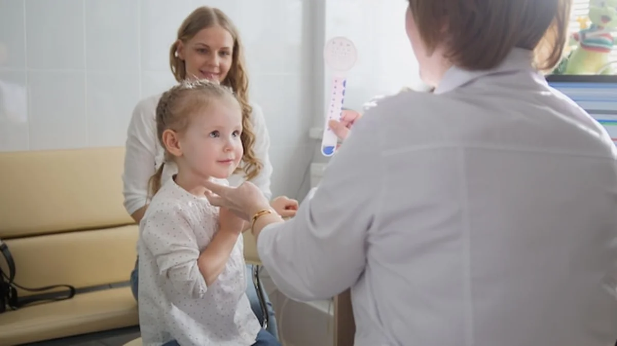 Mała dziewczynka poddawana diagnozie optometrystycznej w gabinecie okulistycznym